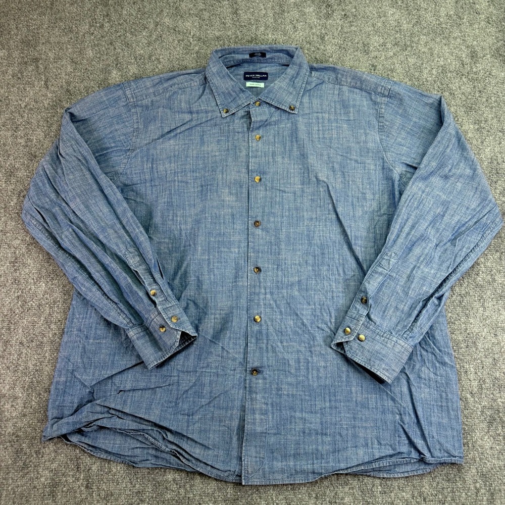 Peter Millar Shirt Mens 2XL Blue Summer Chambray Collection‎ Button Down Cotton